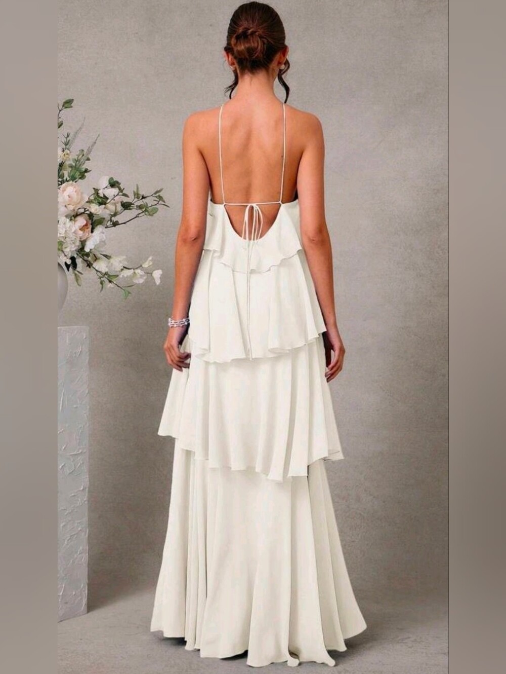 New Chiffon Ruffle Halter Maxi Dress Tiered Backless Off White Cream